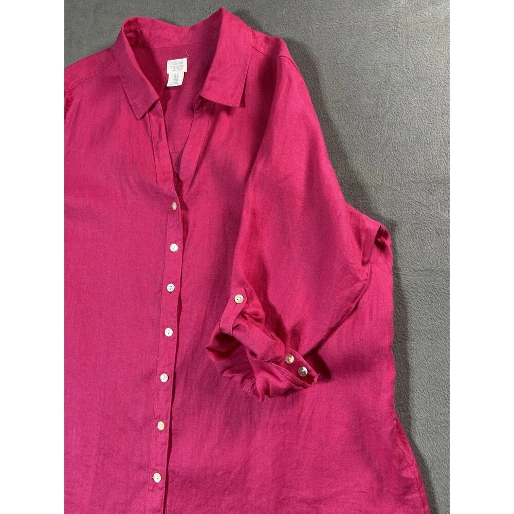 Sigrid Olsen Womens Plus 1X Button Up Bright Pink 100% Linen Shirt Long Sleeve